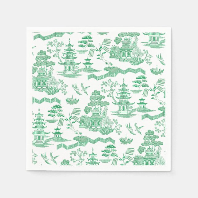 Chinoiserie Blue Willow in Green Napkin (Front)