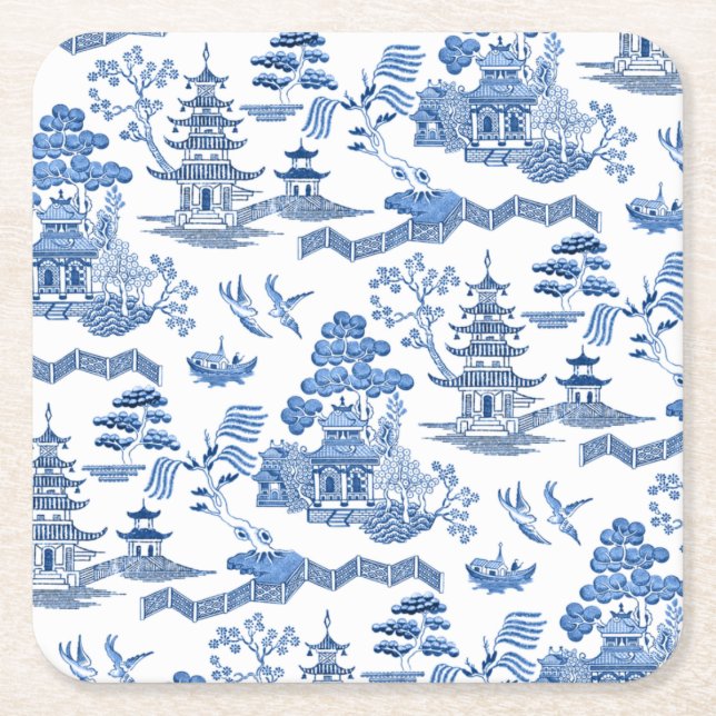 Chinoiserie Blue Willow pattern  Square Paper Coaster (Front)