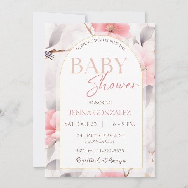 Chinoiserie Blush Girl Floral Baby Shower Invitation (Front)