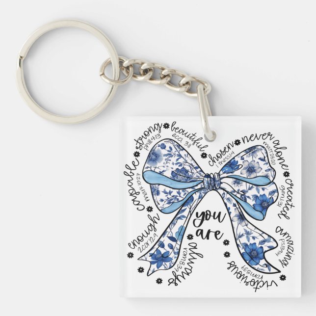 Chinoiserie Bow Blue Floral  Positive  Keychain (Front)