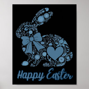 Chinoiserie Bunny Blue And White Happy Easter Blue Poster