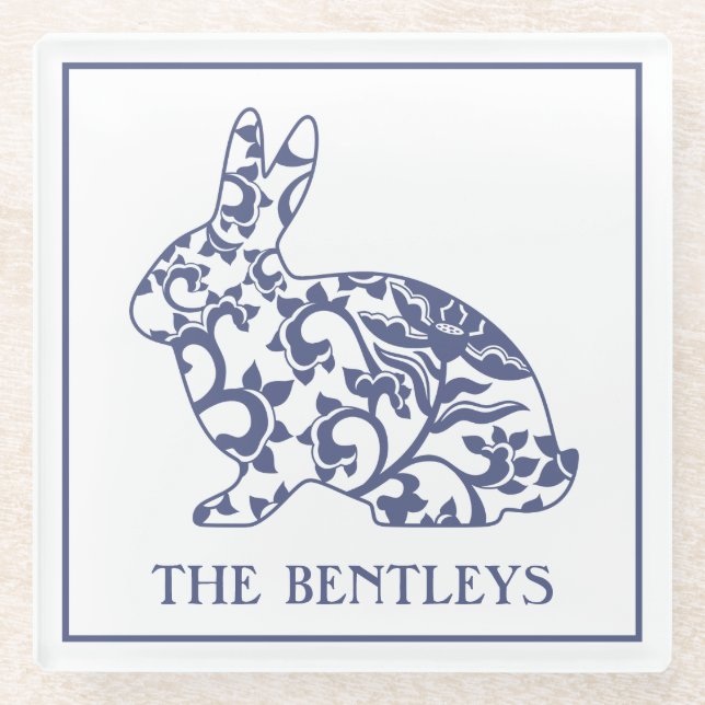 Chinoiserie Bunny Rabbit Glass Coasters (Front)