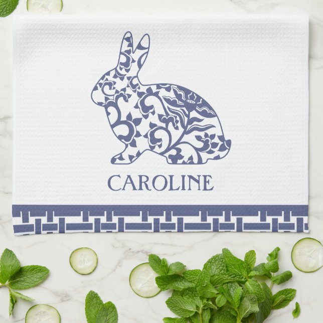 Chinoiserie Bunny Rabbit Personalized Kitchen Towel (Folded)