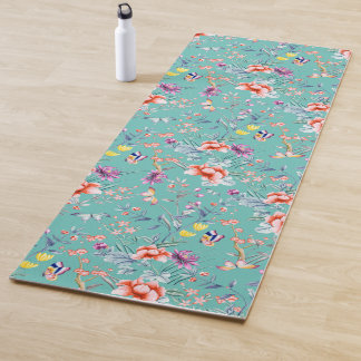 Chinoiserie butterflies, flowers teal, yoga mat