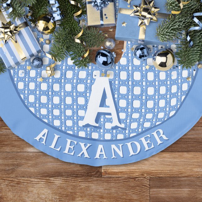 Chinoiserie Cane Trellis in Blue Personalized Faux Linen Tree Skirt (Creator Uploaded)