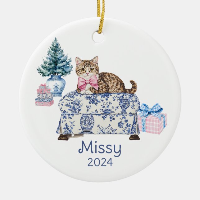 Chinoiserie Cat Name and Year Ceramic Ornament (Front)