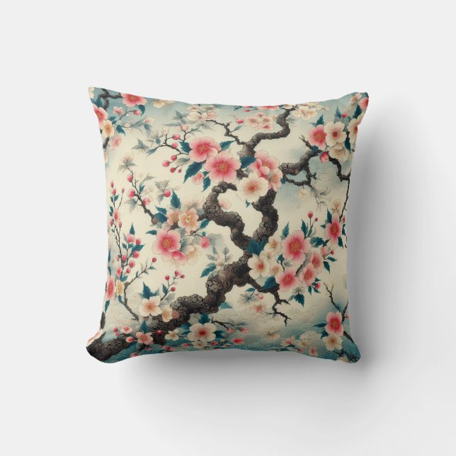 Chinoiserie Cherry Blossom Sakura Pattern Throw Pillow (Front)
