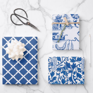 Chinoiserie Chic Bamboo   Blue and White Wrapping Paper Sheet