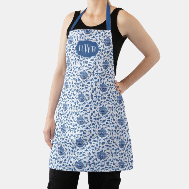 Chinoiserie Chic Blue And White Floral Monogram Apron (Insitu)