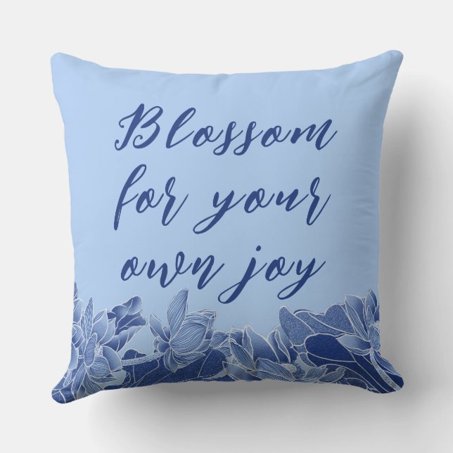 Chinoiserie Chic Blue Floral Lotus Positive Quote  Throw Pillow (Back)