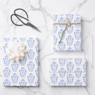 Chinoiserie Chic Blue & White Ginger Jar Monogram Wrapping Paper Sheet