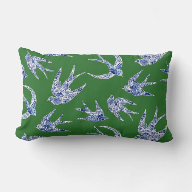Chinoiserie Chic Floral Birds Blue Green Swallows Lumbar Pillow (Front)