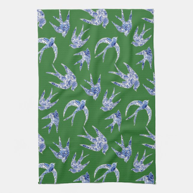Chinoiserie Chic Green Blue White Bird Mosaic Tile Kitchen Towel (Vertical)