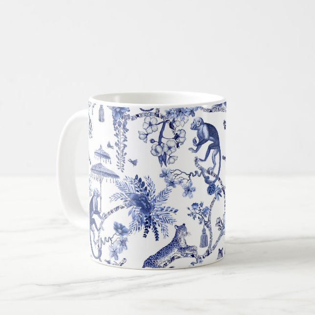 Chinoiserie Chic Jungle Toile | Blue and White Coffee Mug (Front Left)