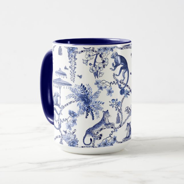 Chinoiserie Chic Jungle Toile | Blue & White Large Mug (Front Left)