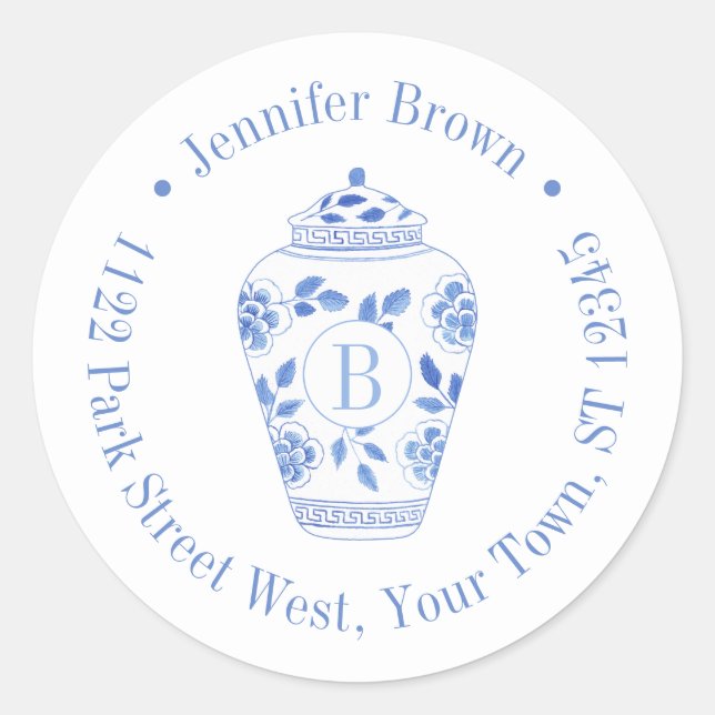 Chinoiserie Chic Monogram Initial Return Address Classic Round Sticker (Front)