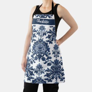 Chinoiserie Chic Navy Blue Flower Ornament Pattern Apron