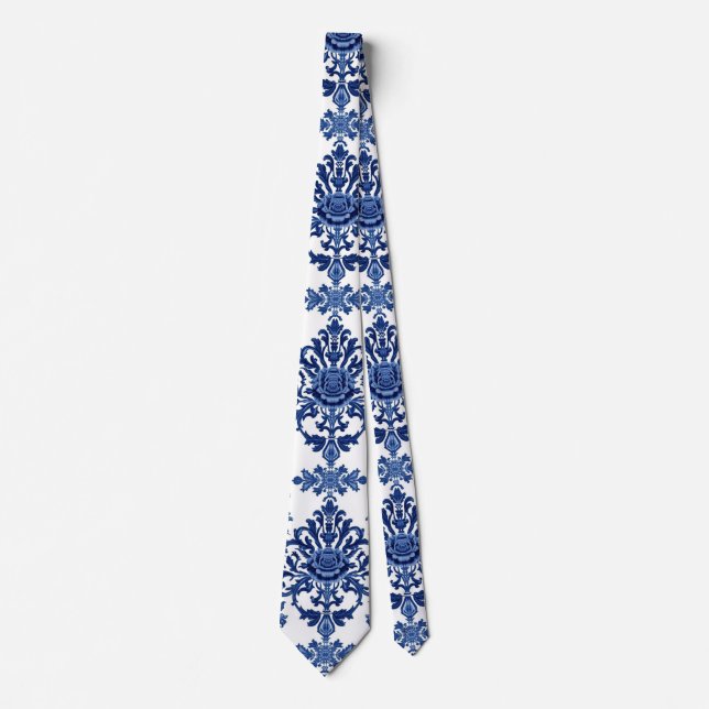 Chinoiserie Chic Navy Blue Flower Ornament Pattern Tie (Front)