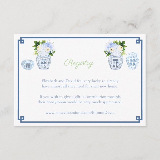 Chinoiserie Chic Navy & Green Wedding Registry Enclosure Card (Front)