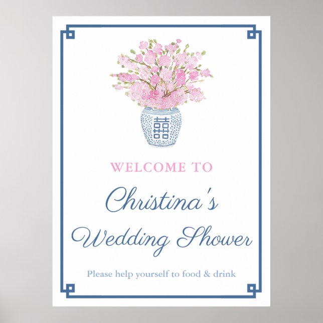 Chinoiserie Chic Pink and Navy Blue Wedding Shower Poster (Front)