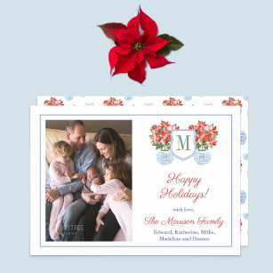 Chinoiserie Chic Poinsettia Family Photo Christmas Holiday Card