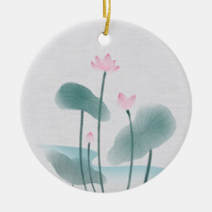 Chinoiserie Chinese Ink Wash Painting Lotus Floral Ceramic Ornament