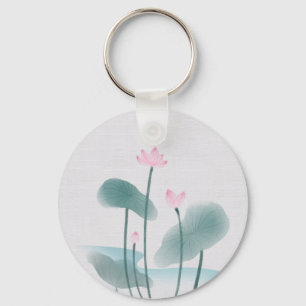 Chinoiserie Chinese Ink Wash Painting Lotus Floral Keychain