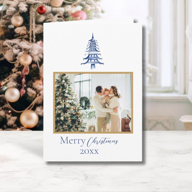 Chinoiserie Christmas  Blue Pagoda 1-Photo Card (Chinoiserie Christmas Blue Pagoda 1-Photo Card)