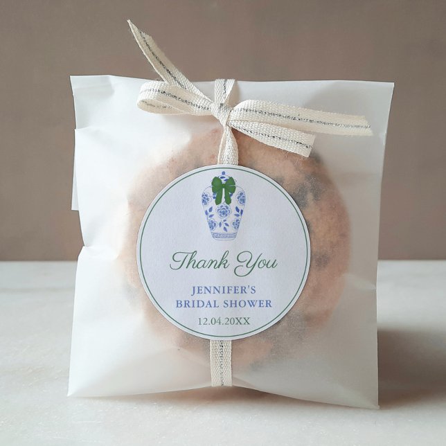 Chinoiserie Christmas Holidays Thank You Favour Classic Round Sticker (Elegant Ginger Jar With Green Bow Holidays Bridal Shower Favor Sticker)