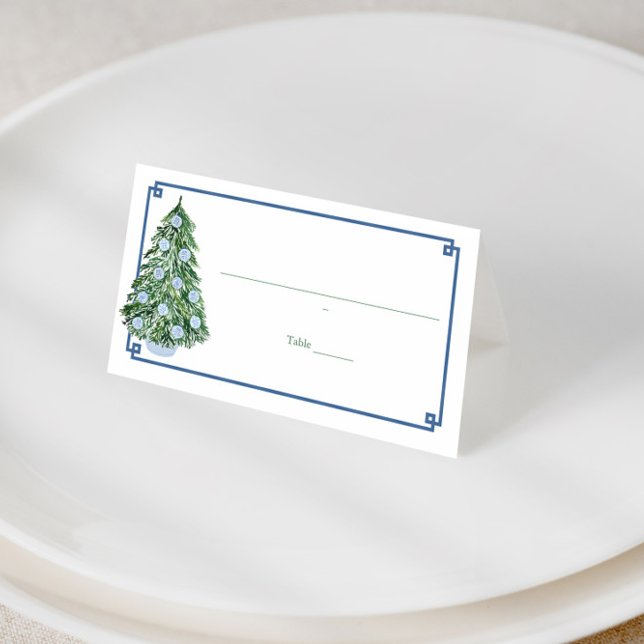 Chinoiserie Christmas Party Food Tent Buffet Cards (Preppy blue and green chinoiserie holidays tree place cards with tartan backer)