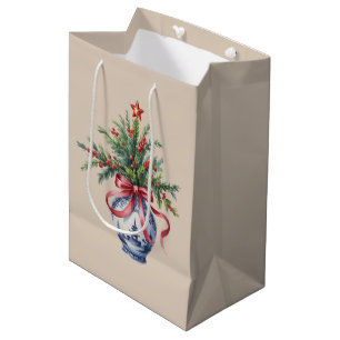 Chinoiserie Christmas Tree Red Bow Vase Vintage  Medium Gift Bag