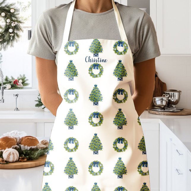 Chinoiserie Christmas Trees Wreath Personalized  Apron (Personlaized Name Chinoiserie Christmas Apron White)
