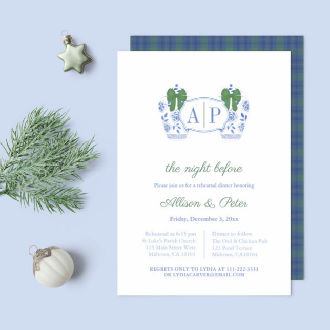 Chinoiserie Christmas Wedding Rehearsal Dinner Invitation (Christmas Chinoiserie Monogram Wedding Rehearsal and Dinner invitation with blue green tartan backer)