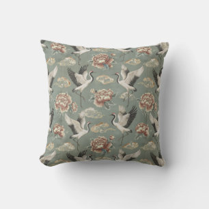 Chinoiserie Crane and Peony Floral Design Outdoor Pillow