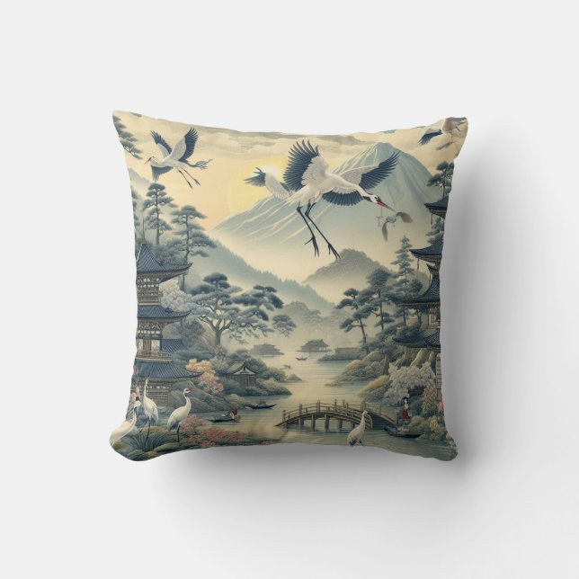 Chinoiserie Crane Bird Pagoda Scenery Pattern Throw Pillow (Front)
