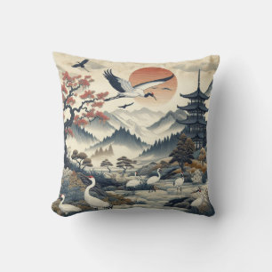 Chinoiserie Crane Bird Scenery Pattern Throw Pillow