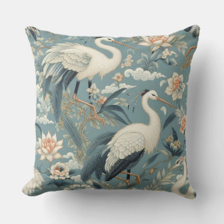Chinoiserie Crane Blue and White Throw Pillow