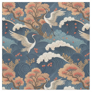 Chinoiserie Crane & Cherry Blossom Japanese Design Fabric