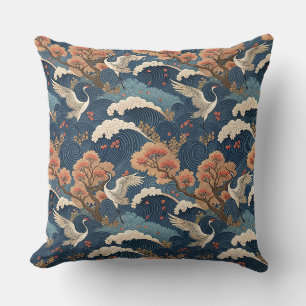 Chinoiserie Crane & Cherry Blossom Japanese Design Throw Pillow