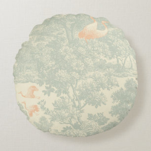 Chinoiserie Crane Toile Botanical Asian Garden Round Pillow