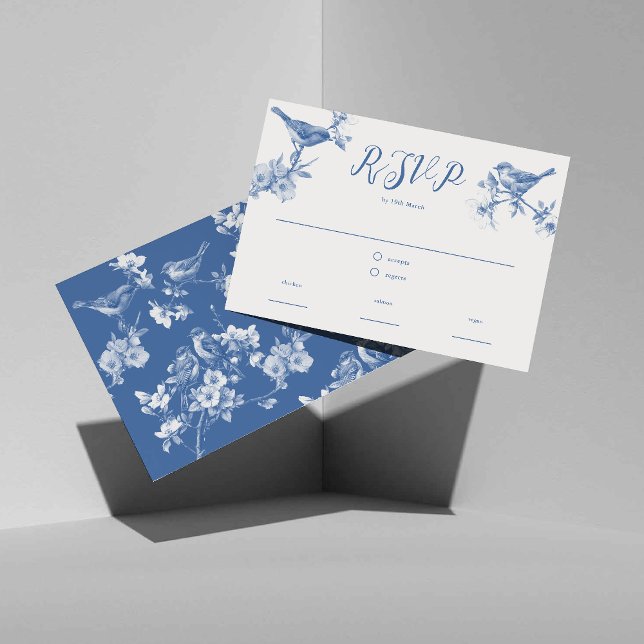 Chinoiserie Delft Blue Birds Spring Carte RSVP (Créateur téléchargé)