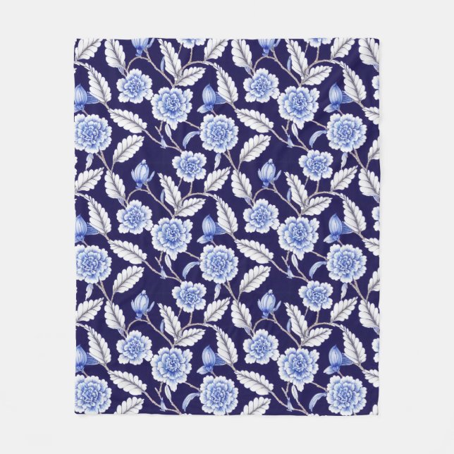 Chinoiserie Delft Blue Floral Porcelain Pattern Fleece Blanket (Front)