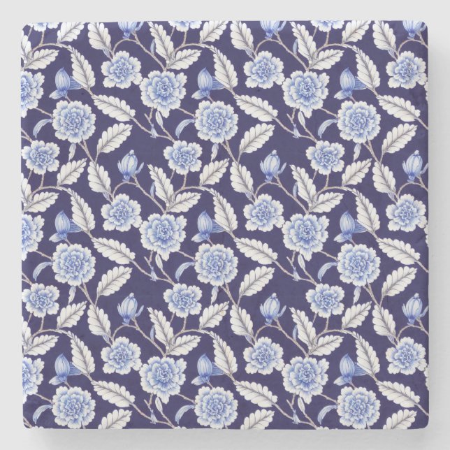 Chinoiserie Delft Blue Floral Porcelain Pattern Stone Coaster (Front)