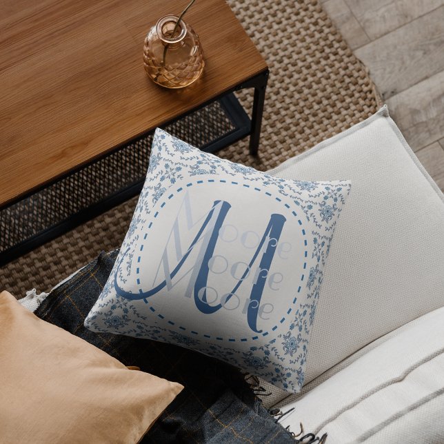 Chinoiserie Delft Blue Monogram•Custom Throw Pillow (Creator Uploaded)