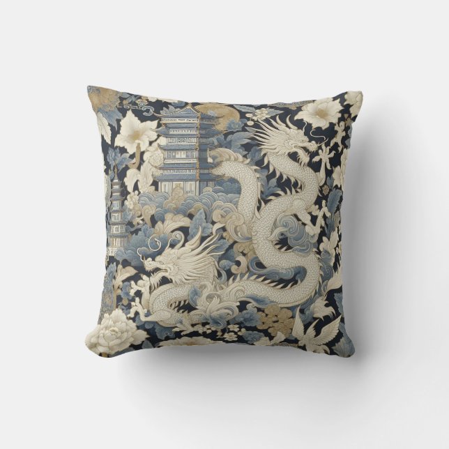 Chinoiserie Dragon an Pagoda Throw Pillow (Front)