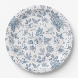 Chinoiserie dusty blue vintage floral Baby shower Paper Plate