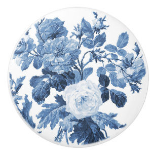 Chinoiserie English Rose Floral Delft Blue White  Ceramic Knob