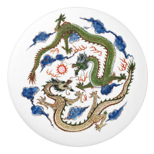 Chinoiserie Famille Verte Dragons Flaming Pearl Ceramic Knob
