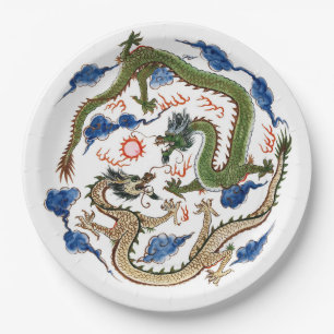 Chinoiserie Famille Verte Dragons Flaming Pearl Paper Plate