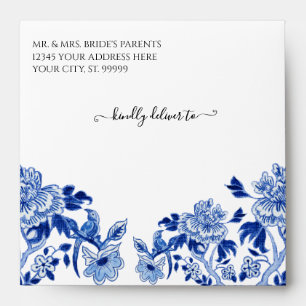 Chinoiserie Floral Asian Influence Blue Square Envelope